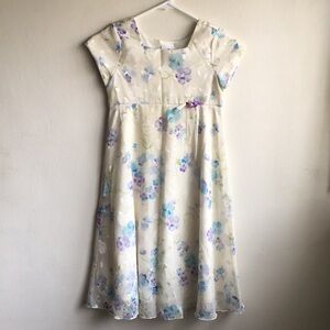 Rose Cottage Sz 7 Cream Blue Girls Dress Flutter Sleeves Square Neck High Waist